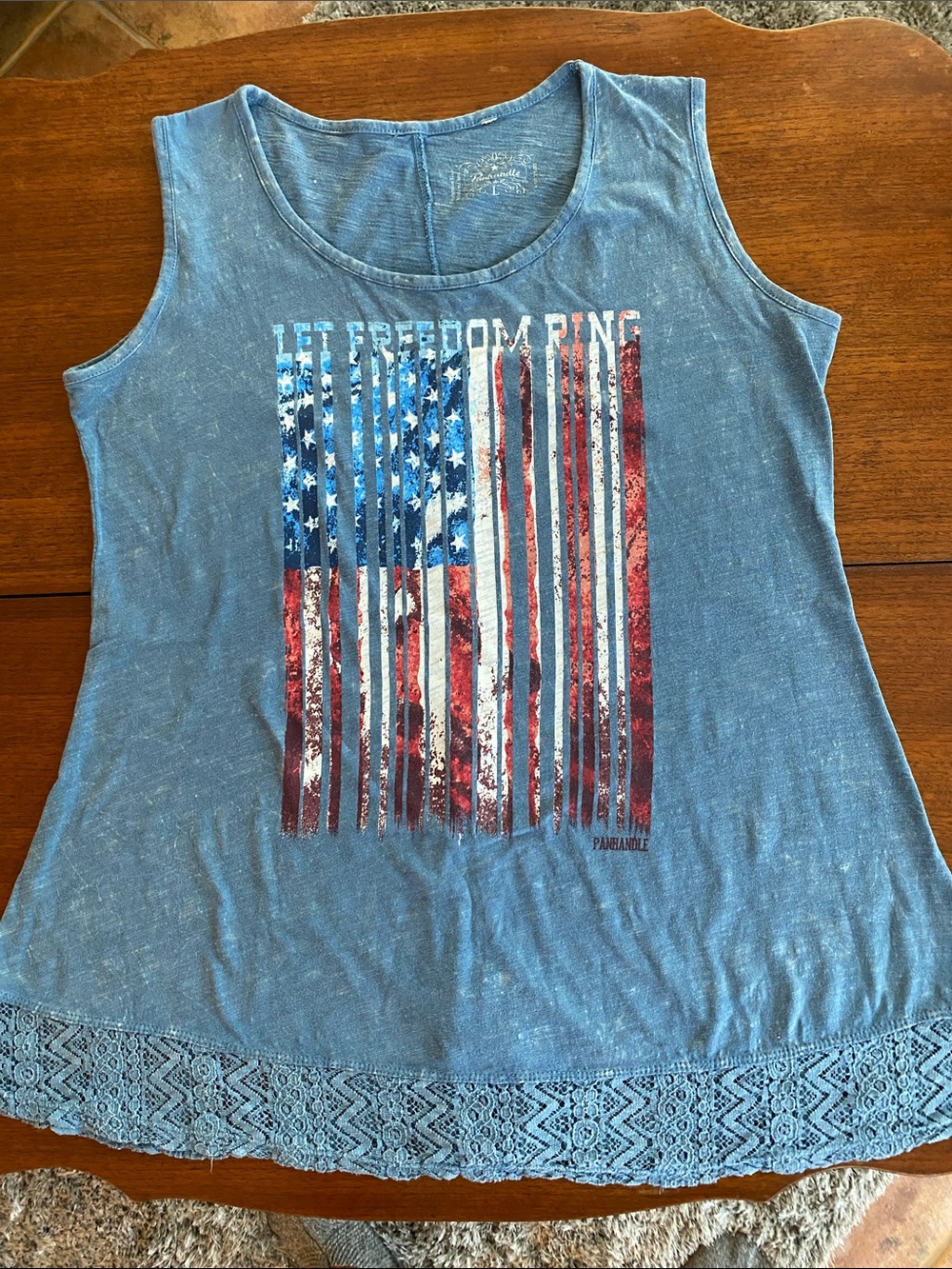 Blue Sleeveless panhandle Flag Graphic Tank with Lace Hem